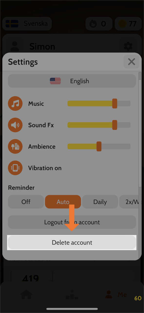 LingoLooper settings screen showing the Delete Account option.