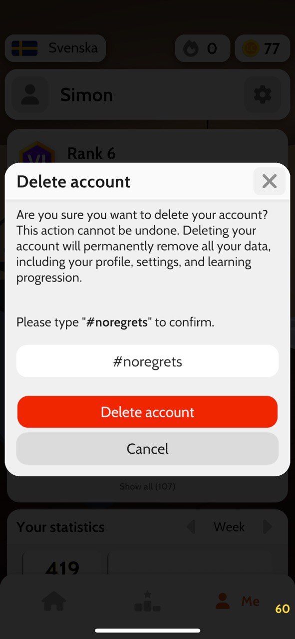 LingoLooper account deletion confirmation screen.